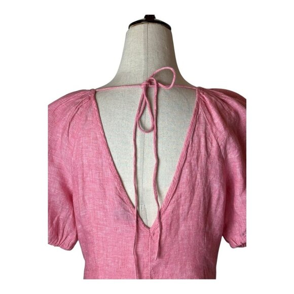 J Crew Shirt Women 0 Pink Linen V Back Short Puff Sleeve Top Preppy Lagenlook - Picture 7 of 14